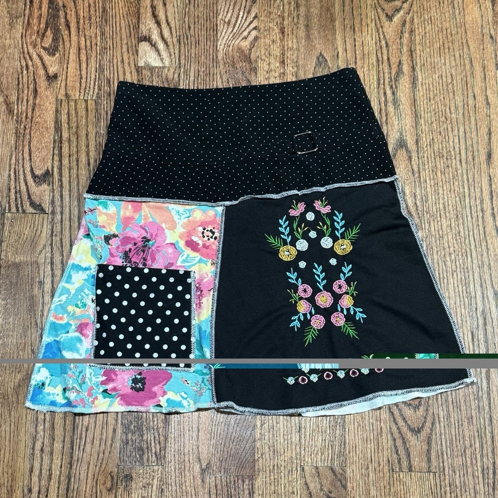 Patchwork Mini Skirt Floral Polka Dot Print Embroidered‎ A-Line Skirt Pocket Sm